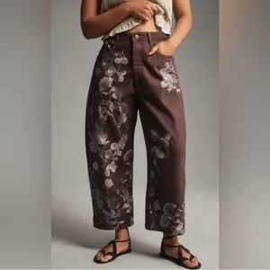 Pilcro Brown Barrel Jeans with Gray Floral Design